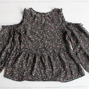 Sheer Black and Pink Floral Cold Shoulder Ruffle Top